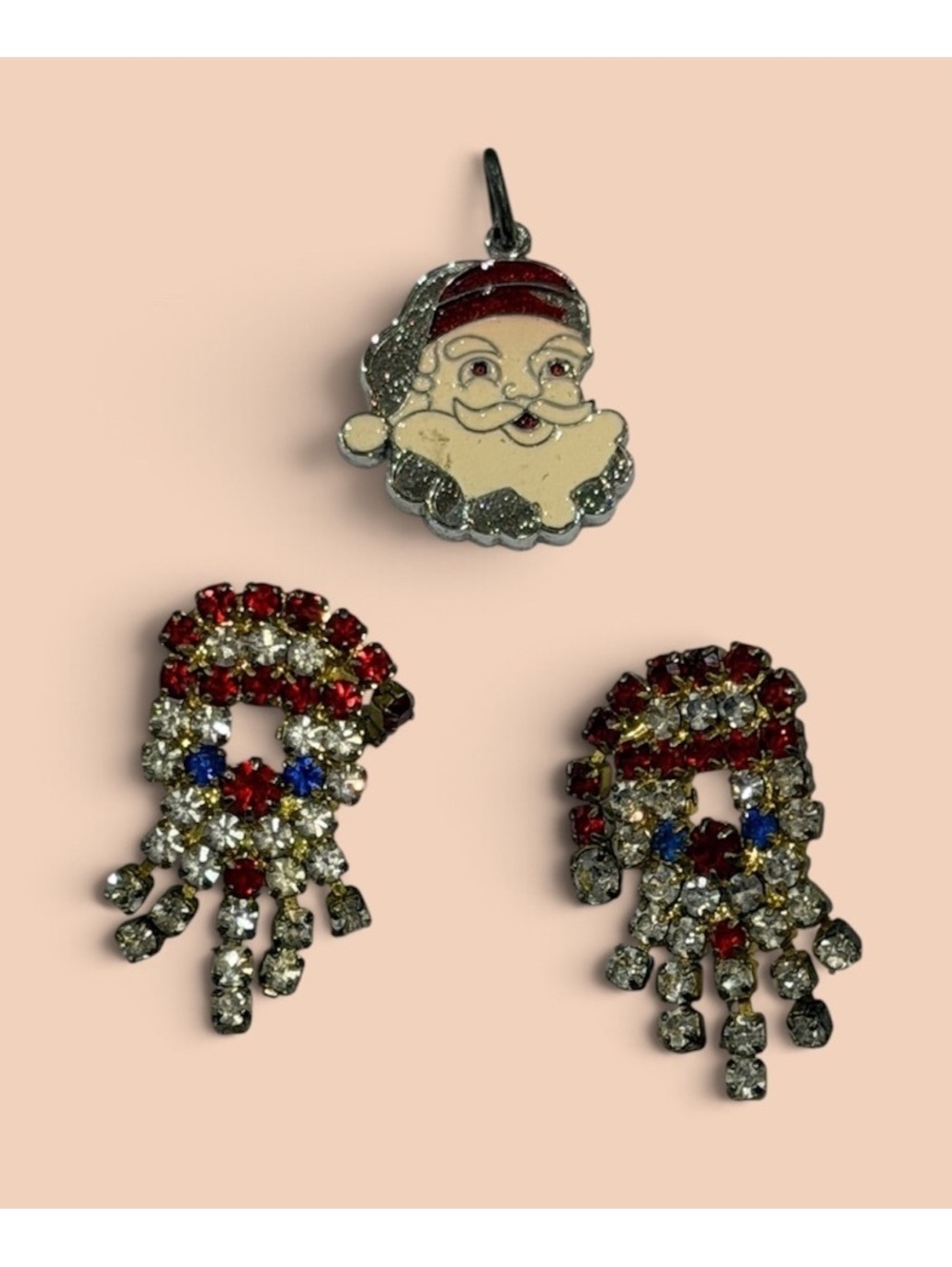 Vintage Sterling Silver Santa Charm and Rhinestone Earrings Set